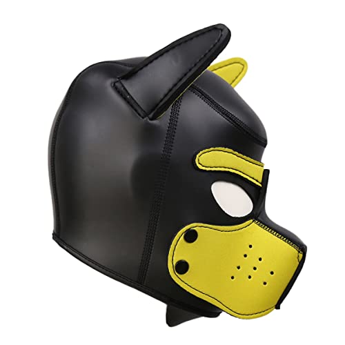 YiQin RWSX Hundemaske mit Kragen, Weiche Latex Petplay Hundemaske mit Ohren Welpenmaske Hunde Masken, Abnehmbarer Mund, Geeignet für Halloween, Urlaubsparty (XL, Gelb)