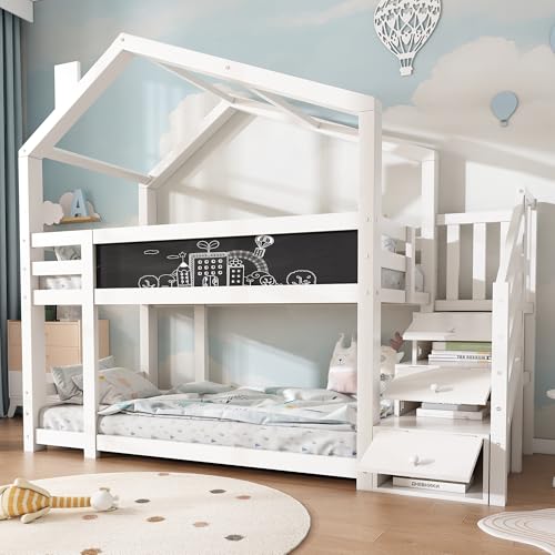 Sapgaks Lit cabane Enfants 90x200 Lit superposé Enfant lit Double lit Simple avec cheminée, Rangement et Protection Anti Chute, lit Mezzanine pour Enfants...
