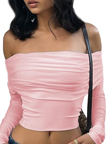 Xineicy Women's Off Shoulder Long Sleeve Tops Sexy Y2K Crop Top Going Out T-Shirt A Pink
