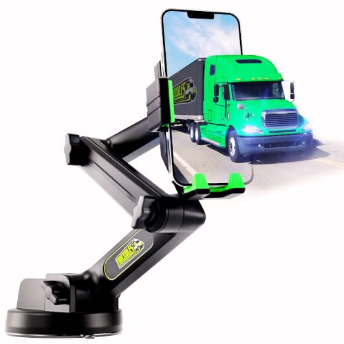 Image of Cell Phone Mount for Truck Phone Holder for Truck Drivers - Heavy Duty Suction Cup, iPhone Holder for Dashboard Window 16.9 inch Long, for iPhone & Samsung, Semi Trucker, Green