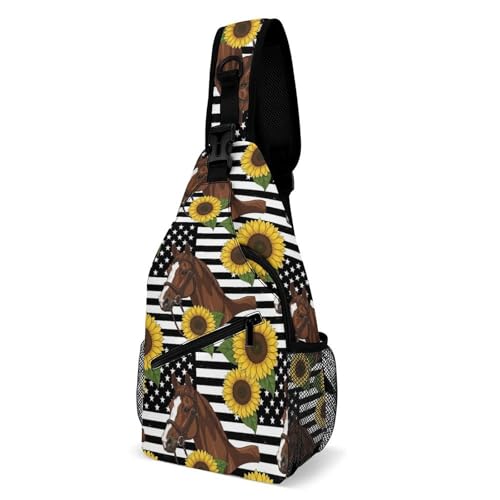 Fashion Dress Decor Sling Backpack Shoulder Bag, Day Pack, Chest Shoulder Bag For Men And Women American Flag Sunflower Horse