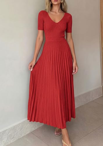 Image of PRETTYGARDEN Women's 2026 Spring Midi Sweater Dresses Elegant Pleated Ribbed Knit Short Sleeve V Neck A Line Summer Outfits