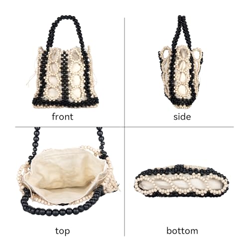 Image of YYW Unique Handmade Wooden Bead Tote Bag for Women, Small Handwoven Clutch Purses Woven Bucket Handbag and Drawstring Handbag