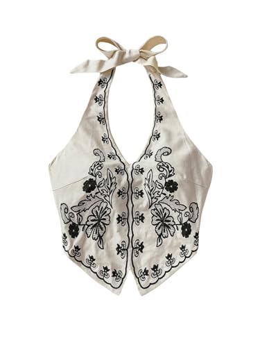 OYOANGLE Womens Floral Boho Summer Halter Crop Tops Embroidery Vacation Tank Top Tie Backless Vintage Going Out Tops Khaki Large
