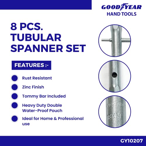 Goodyear Metal Tubular Spanner Set with Tommy Bar (Silver, 9-Pieces)