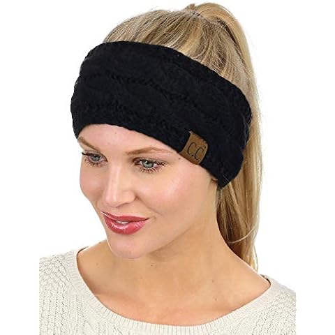 C.C Soft Stretch Winter Warm Cable Knit Fuzzy Lined Ear Warmer Headband, Black Cover