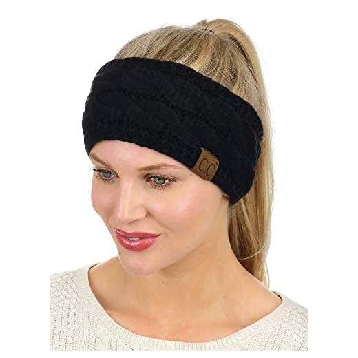 C.C Soft Stretch Winter Warm Cable Knit Fuzzy Lined Ear Warmer Headband, Black