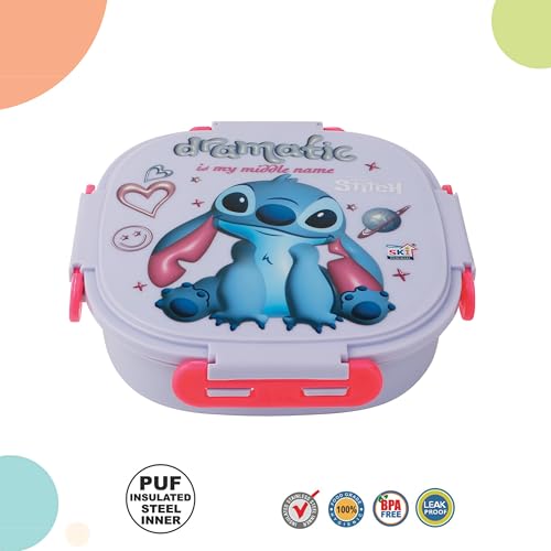 Image of SKI Baker Steel Lunch Box for Kids, 3 Compartment Insulated School Tiffin with Spoon, Leak-Proof, BPA Free, Bento Box for Boys & Girls, Birthday Gifts, Party Favours - Stitch