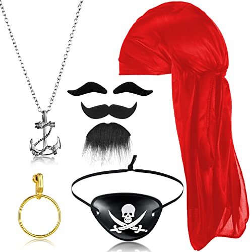 Suilung 6 Pièces Accessoires de Costume de Pirate Halloween Comprenant Chapeau de Pirate à Longue Queue, Cache-Œil, Boucles d'Oreilles Créoles Dorées, Collier Ancre, Barbe et Sourcil pour Halloween Cover