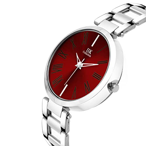 Image of IIK COLLECTION Round Studded Dial |Analogue Quartz Movemnet Ladies Watch|Long Battery Life|Stainless Steel Adjustable Bracelet Chain Strap|Double Lock Clasp Safety Watches For Girl's, Dial Color-Red
