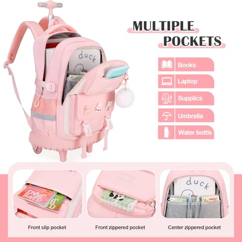 Rolling Backpack for Girls, Roller School Bag with Wheels, Wheeled Backpacks with Lunch Bag Pencil case for Elementary School Bookbags with Cute Pins Pink3