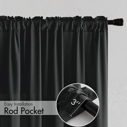Image of MIULEE Black Semi Sheer Privacy Curtains Drapes 2 Panels 52W x 72L | Semi sheer privacy, non-see-through, light filtering, fits kitchen, bathroom, bedroom