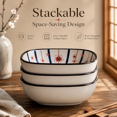 Image of YELONA Japanese Ceramic Bowl Set of 6 | 200ml Blue Floral Porcelain Elegant Serving Bowl for Rice, Soup, Snacks & Dessert | Ceramic Dinner Set for Gifting - (Sakura Burst)