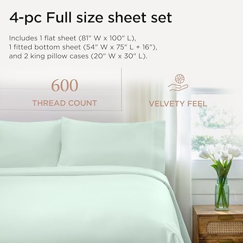 Image of Threadmill Full Size Sheets | 600 Thread Count Bed Sheets Set with 16 inch Deep Pocket for Full Size Mattress | Sateen Weave 4-Piece Bedding Set with Cooling Effect | Seaglass