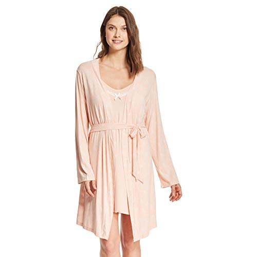 kathy ireland Womens Lace Trim Chemise Nightgown & Belted Wrap Robe Sleepwear Set Peach Small