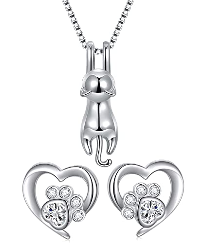 Womens 925 sterling silver 3D cute cat Lover Matte surface/smooth pendant necklace (Earrings+Necklace Set)