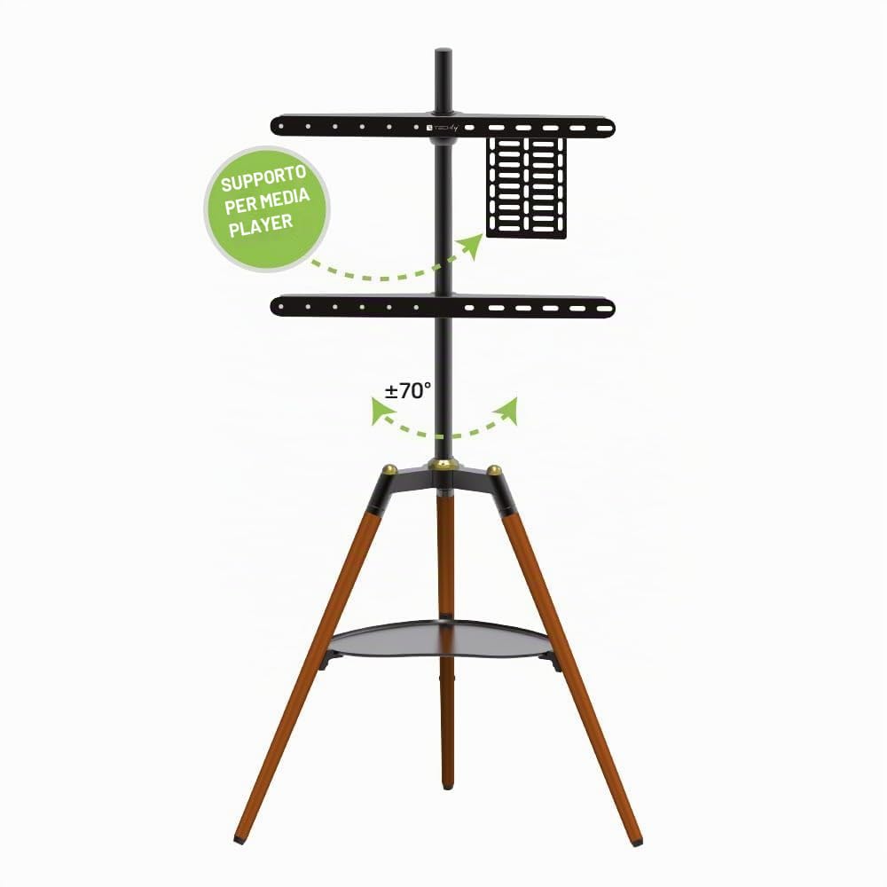 Techly 368239 Supporto a Pavimento Cavalletto Tripod per TV LCD/LED/Plasma 32-65" con Mensola Noce Scuro