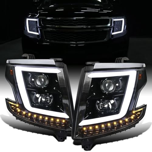 Ronnin - Fits 2015-2020 Chevy Tahoe Suburban 3500HD Upgraded Assembly LED Tube Projector Halogen Headlights Replacement Pair | Gloss Black