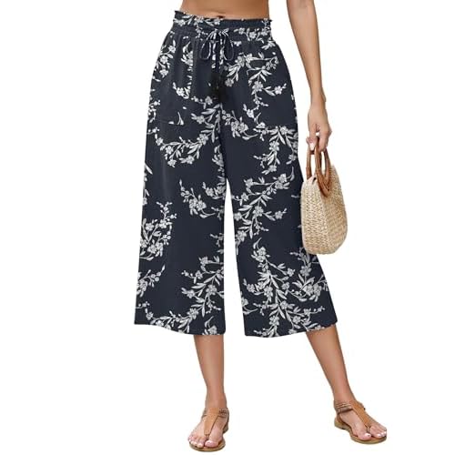 LOMON Women's Linen Capri Pants Wide Leg Elastic High Waisted Cropped Pant