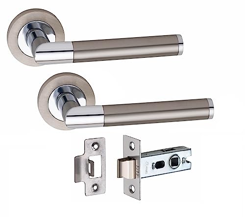 Golden Grace Mitred Design Door Handles on Round Rose in Satin Nickel Polished Chrome Finish with 2.5 Tubular Latch, 1 Pair - 52mm Diameter