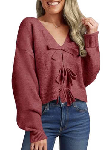 Image of Saodimallsu Womens Bow Sweater Cropped V Neck Long Sleeve Pullover Tops | Soft Cozy Knit, Two-Way Wear Design, Front & Back Bow, Cute Fall Tops 2026, Winter Fashion, Dressy Casual Holiday Outfits