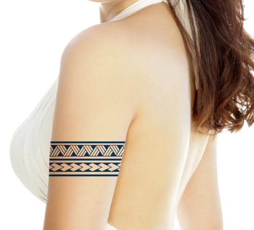 Image of Semipermanent Temporary Tattoo Stickers 20-25 days Lifespan For Men Women Boys & Girls Waterproof 3D Realistic Arm Band Hand Compass Tatto Sticker Blue Coloured Temp Watertransfer Tribal Armband Temporary Tattoo, Blue Geometric Pattern, Unisex Size-24X6.3cm GZBH-034