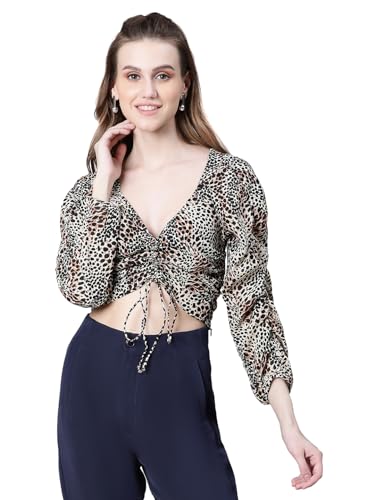 Image of oxolloxo Women Floral Print Semi-Sheer Round Neck Tie-Knotted Elasticated Long Crop Sleeve Top