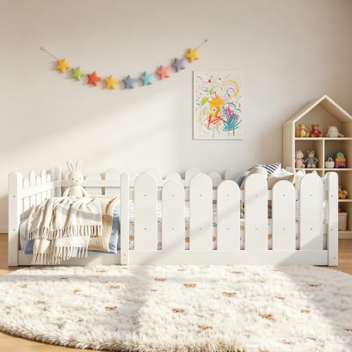 Image of Bellemave Full Size Kids Montessori Floor Bed,Floor Bed Frame with Rounded Safety Guardrail,Solid Wood Montessori Bed for Girls Boys,White