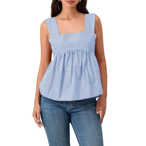 Women Y2k Going Out Tank Tops Gingham Square Neck Peplum Cami Tank Sleeveless Backless Shirt Bowtie Blouse Summer Green