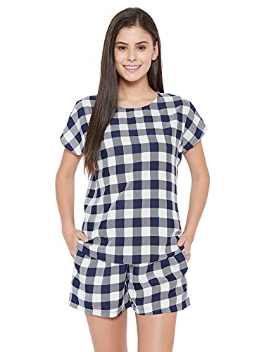 Image of Clovia Women's Crepe Classy Checks Button Down Shirt & Shorts Set - Blue