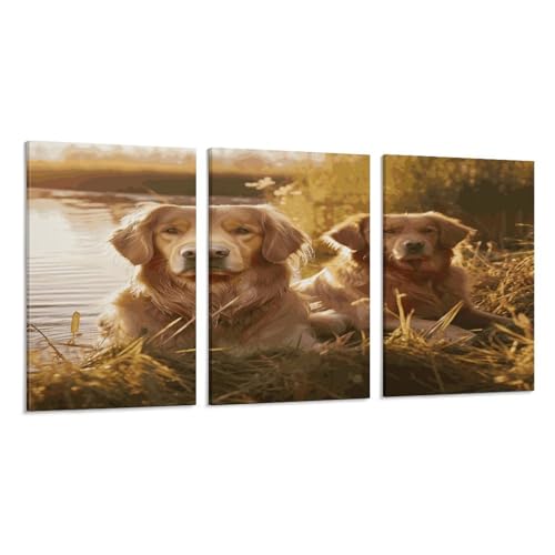 Toile murale Golden Retrievers à suspendre 3 panneaux pour déco salon chambre