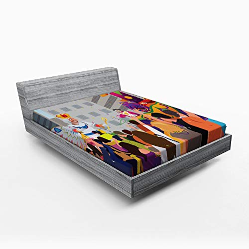 Ambesonne New Orleans Fitted Sheet, People in Mardi Gras Festival Cartoon Style Fat Tuesday Carnival...