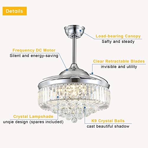 Moooni Modern Dimmable Crystal Fandelier, Retractable Blades Ceiling Fans With Light And Remote, Invisible Led Ceiling Fan Light Kit For Bedroom-Polished Chrome 48 Inches #TOP4
