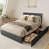 Gizoon Full Bed Frames with 4 Storage Drawers on Wheels and Headboard Adjustable, Fits 6' to 12' Mattress, No Box Spring Needed (Dark Grey)