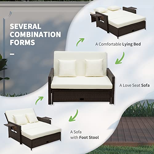 Outsunny Rattan Garden Daybed, Assembled Double Sun Lounger with 5-Level Adjustable Back, Storage Ottoman, Cushions, Pillows and Retractable Trays, Outdoor Loveseat Sofa Bed for Patio, Brown 5 Outsunny Rattan Garden Daybed, Assembled Double Sun Lounger with 5-Level Adjustable Back, Storage Ottoman, Cushions, Pillows and Retractable Trays, Outdoor Loveseat Sofa Bed for Patio, Brown - Image 5