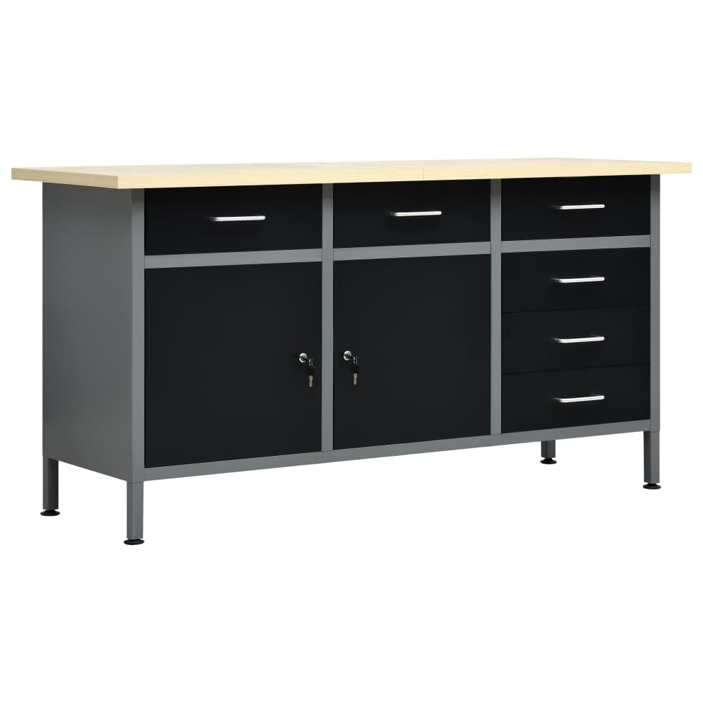 Robusto tavolo da lavoro nero, 160 x 60 x 85 cm, in acciaio, con 6 cassetti, portata 500 kg, armadi chiudibili e piedini regolabili in altezza, per officina e garage