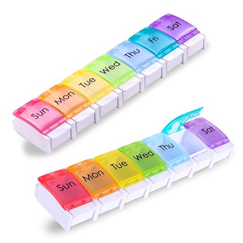 2 Pack Weekly Pill Organizer Arthritis Friendly, FITDON Travel 7 Day Pill Case with Popup Open Design and Large Compartment to Hold Vitamins, Fish Oil, Supplements and Medication