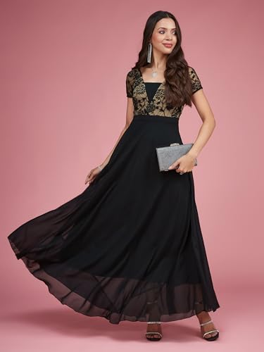 Image of Miss Chase Women's V-Neck Full Sleeve Self Design Lace-Overlaid Georgette Maxi Dress