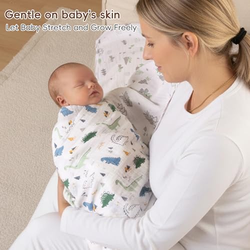 Image of david's kids 3 Pack Baby Muslin Swaddle Blankets, 100% Cotton and Ultra Soft Breathable Receiving Blanket Wrap for Boys Girls, New Born Essentials, Large 47 x 47 inches, Dinosaur
