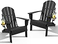 POLYDUN Adirondack Chair with Cup Holder Set of 2, Folding HDPE Patio Chairs, Outdoor Plastic Fire Pit Chair, Wood Texture, Lawn Chairs for Deck, Porch, Backyard, Garden, Black
