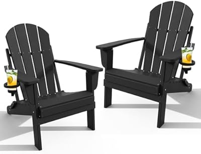 POLYDUN Adirondack Chair with Cup Holder Set of 2, Folding HDPE Patio Chairs, Outdoor Plastic Fire Pit Chair, Wood Texture, Lawn Chairs for Deck, Porch, Backyard, Garden, Black