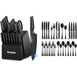 Knife Set, Astercook 21 Pieces Knife Sets for Kitchen with Block and 24-Piece Black Silverware Set with Steak Knives