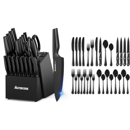 Knife Set, Astercook 21 Pieces Knife Sets for Kitchen with Block and 24-Piece Black Silverware Set with Steak Knives