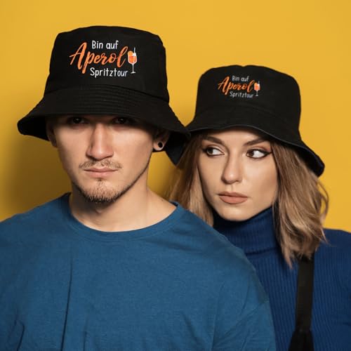 MEJOSER Aperol Geschenk Fischerhut Schwarz Sommerhut Spritztour Hut Aperoli Accessoires Anglerhut für Damen Herren Sommer Fasching Party