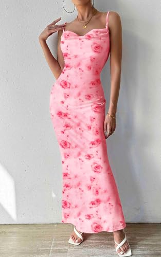 Image of PRETTYGARDEN Women's 2026 Summer Floral Spaghetti Strap Maxi Dress Stretch Sexy Bodycon Dress Backless Slip Long Dresses