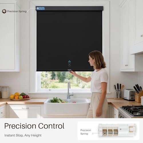 Image of Cordless Blackout Roller Shades, Free-Stop Window Shades Pull Down, Room Darkening Thermal Insulated Fabric Roller Blinds for Indoor Windows Bedroom Office (Black, 47 inch W x 72 inch H)