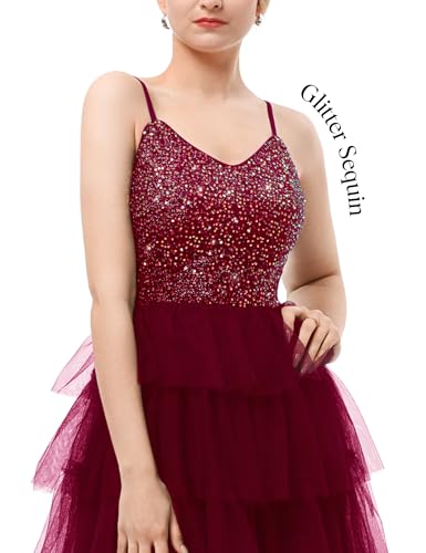 Image of Dressystar 2026 Women's Tiered Sparkly Sequin Glitter Formal Prom Dress Mini Spaghetti Strap Tulle Cocktail Party Dresses