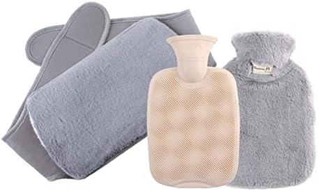 3 Set Hot Water Bottle,Rubber Hot Water Bag with Soft Faux Rabbit Fur Waist Cover,Velcro Fixed Design for Menstrual Cramps, Pain Relief, Feet Warmer(Light Gray)