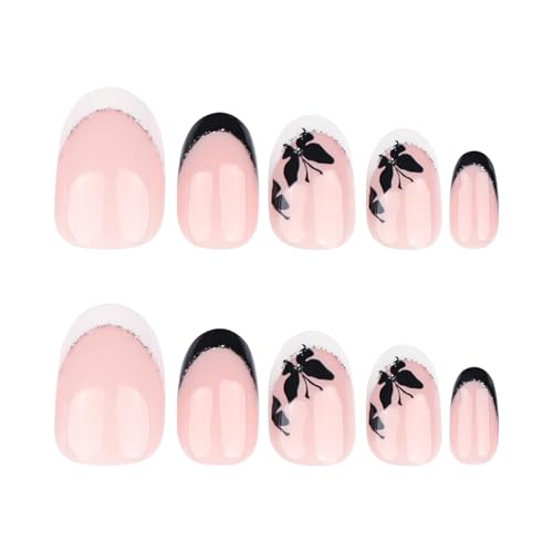 Image of Secret Lives Round Nail Art - White-Edged Press-On Nails with Black Butterfly Accents, Reusable Elegant Set, Lightweight Fit for Daily Style, Events, Parties, Travel, and Gifting