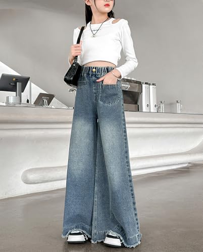 Girls Wide Leg Jeans Elastic Waist Frayed Raw Hem Baggy Jeans Trendy Hip Hop Denim Pants Streetwear 5-13 Years4